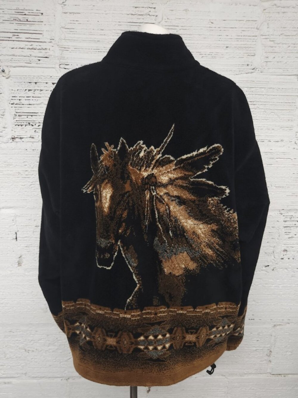 Outback Trading Company Size L Black & Brown Western Horse Fleece Zip Up Jacket